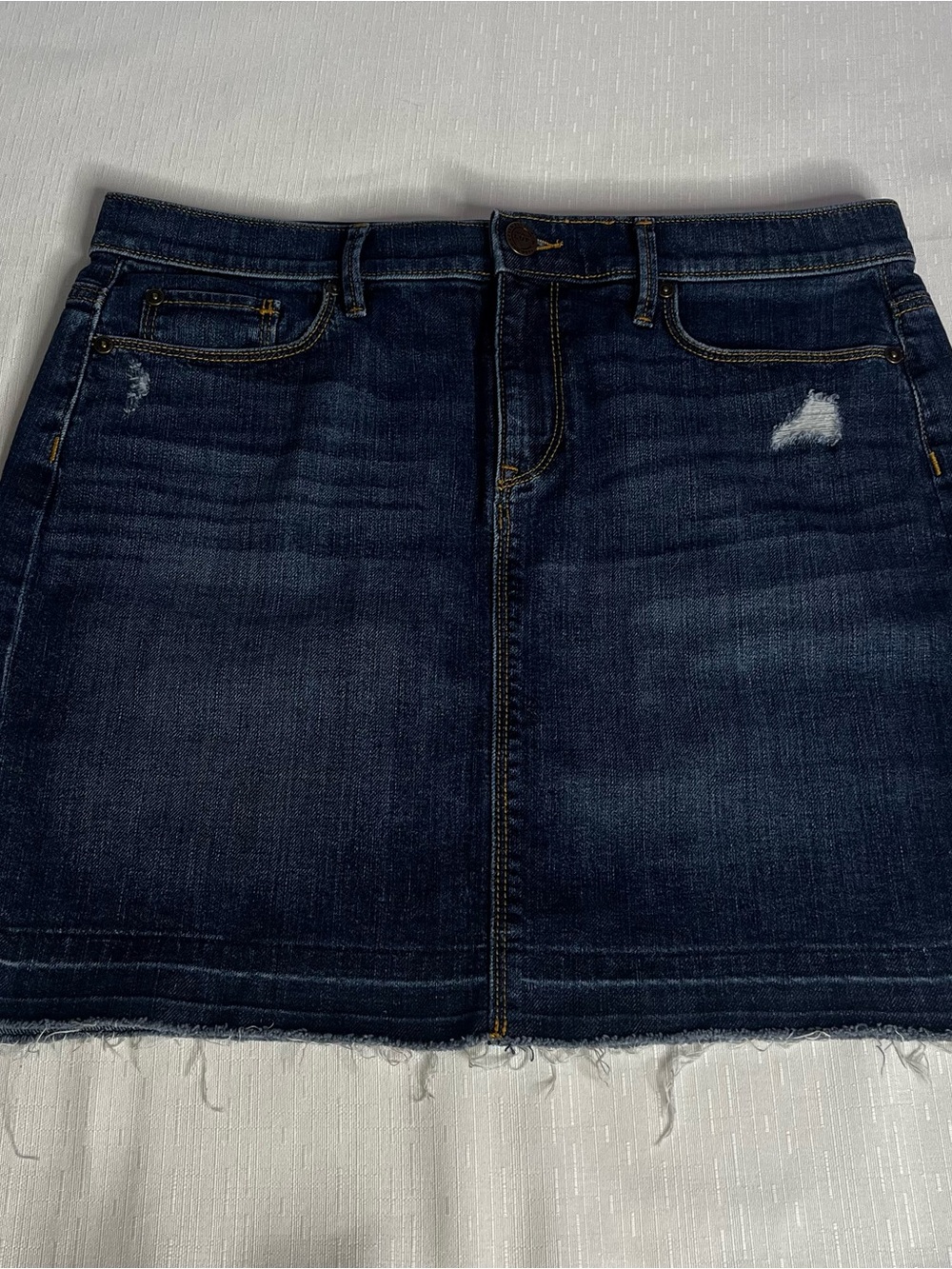 LOFT Dark Blue Distressed Denim Mini Skirt with Frayed Edges